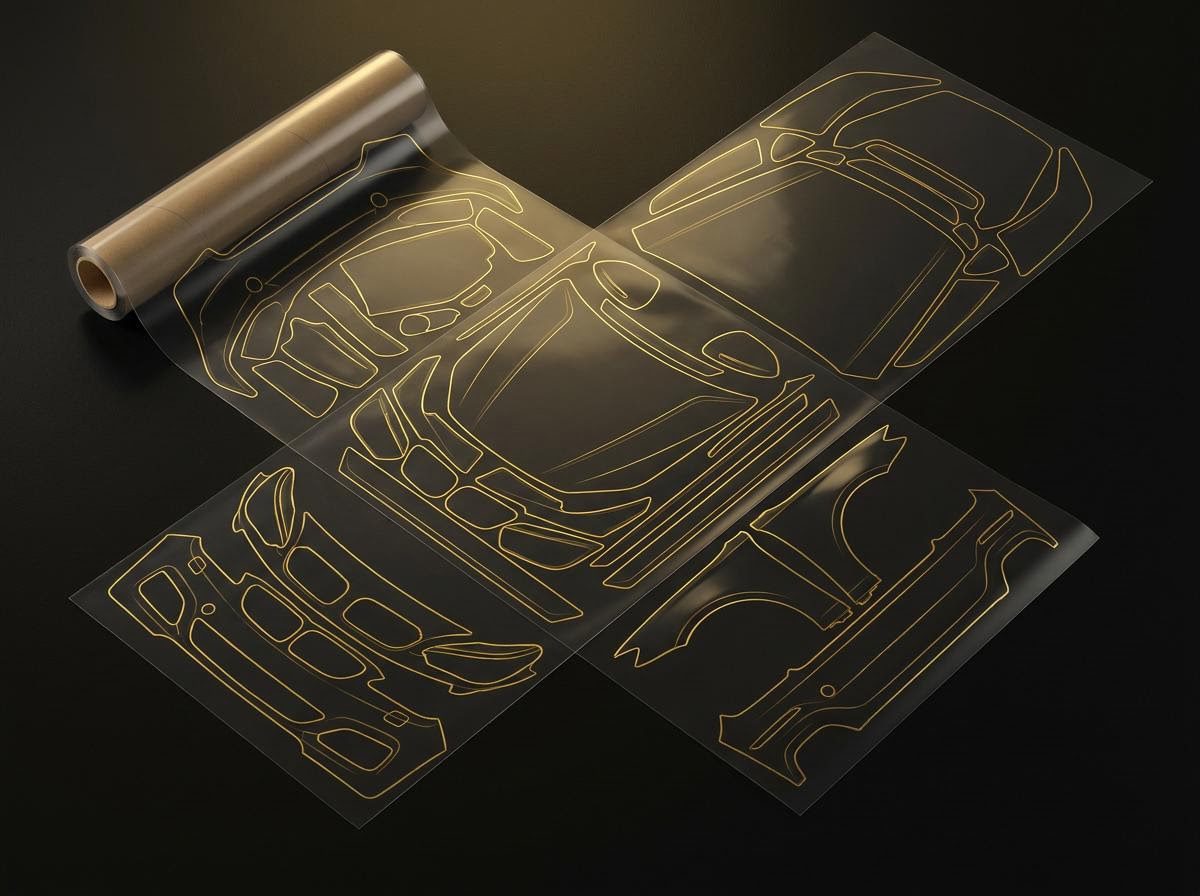 Vehicle pattern pieces nested tightly on a sheet of clear film