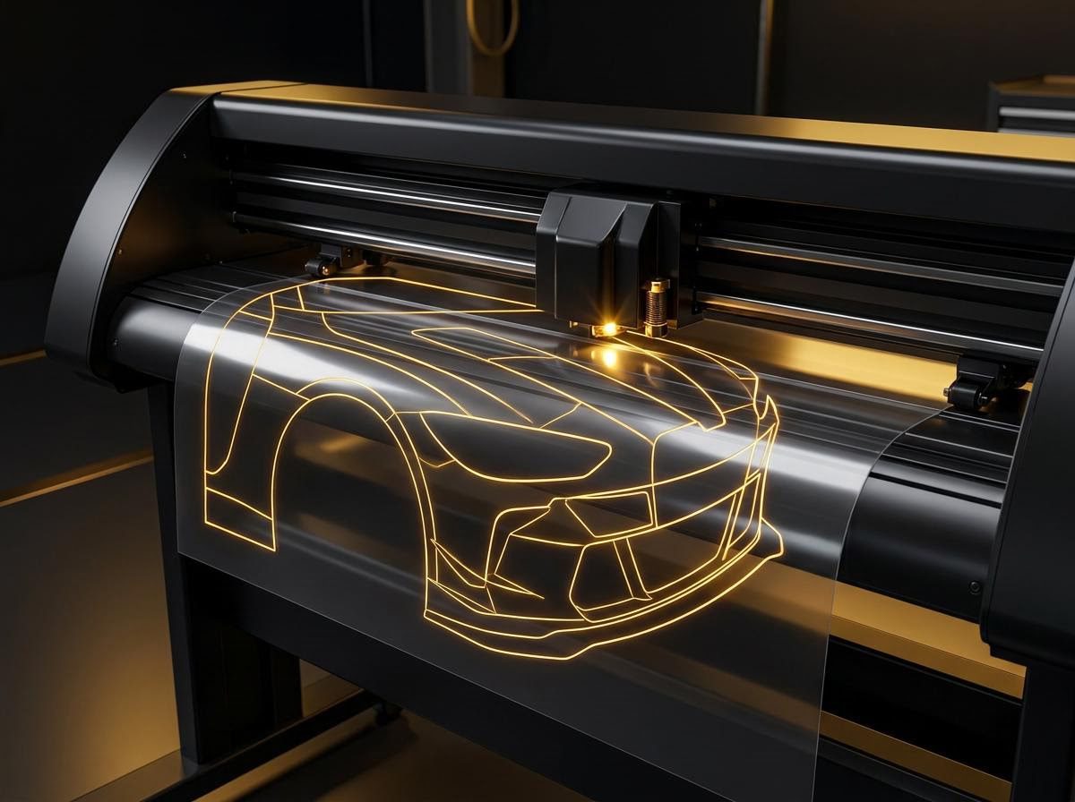 Cutting plotter cutting a vehicle pattern into clear film