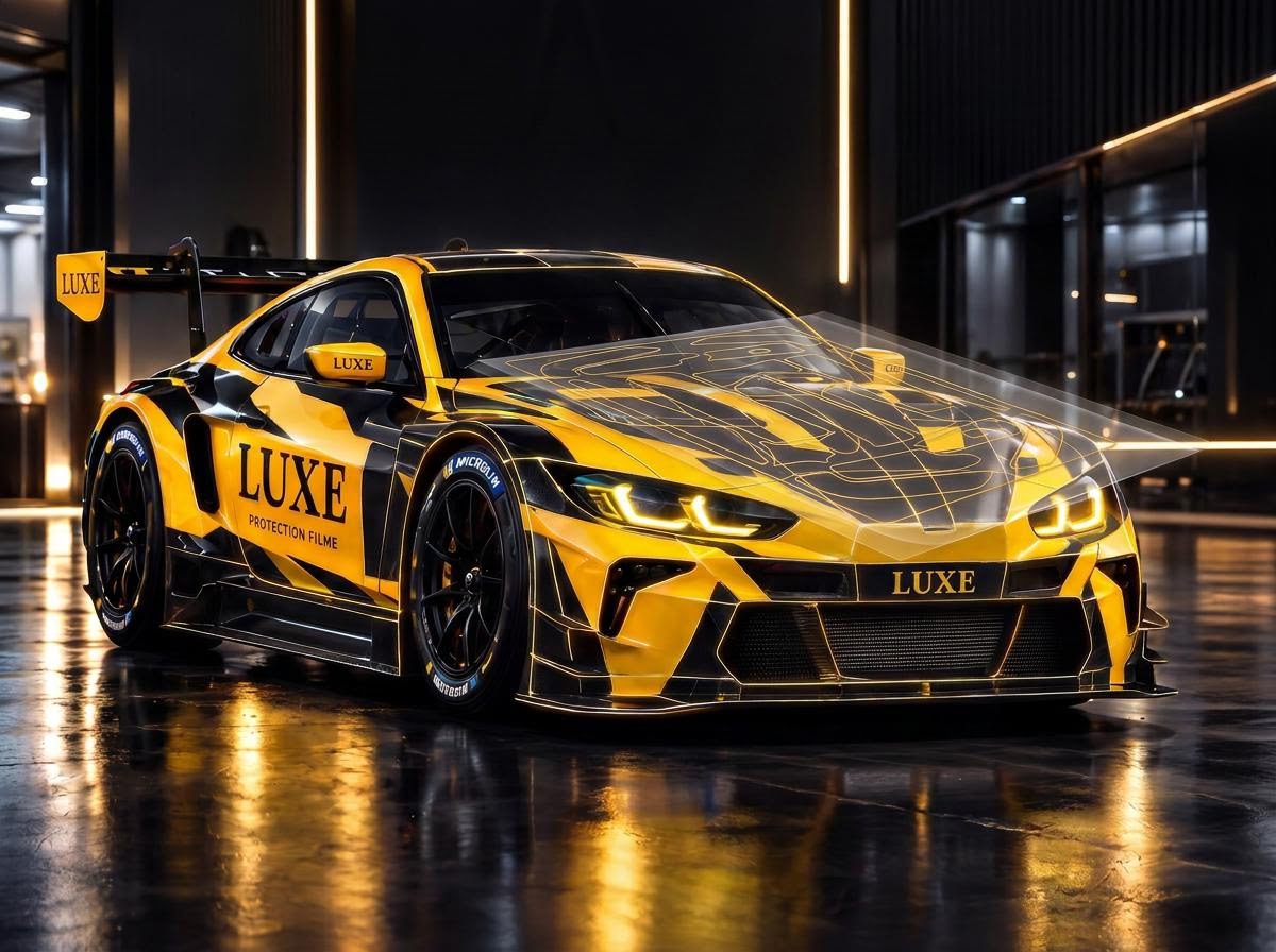 Clear paint protection film pieces outlined in gold, floating off a car&rsquo;s hood and bumper
