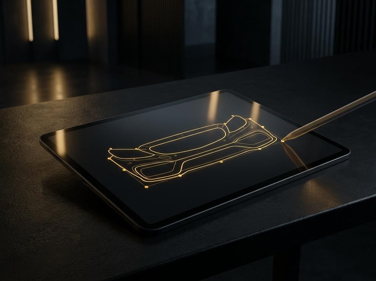 Tablet showing a vehicle pattern outline being adjusted with a stylus